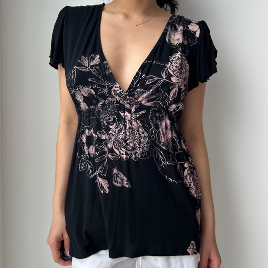Black Floral-Print V-Neck Top - Medium