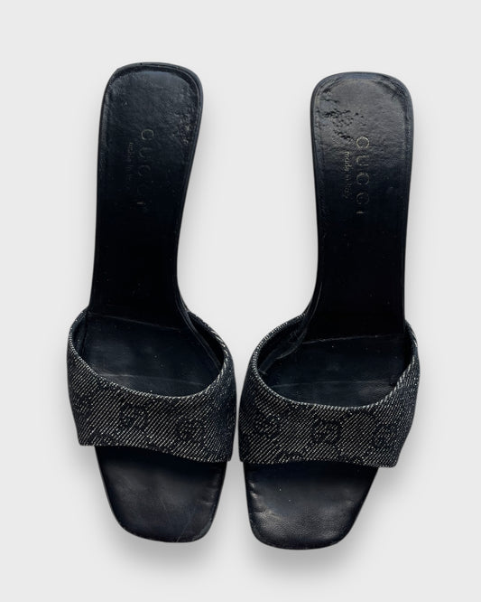 2000s Gucci by Tom Ford Black GG Canvas Kitten Heeled Mules - US 8B