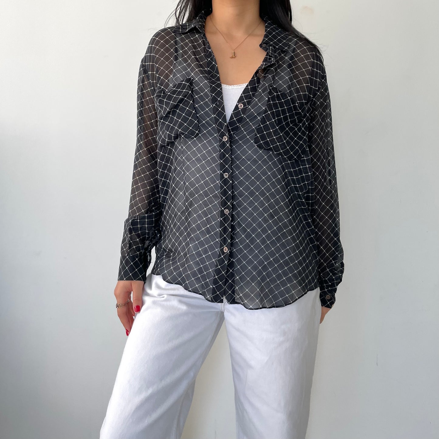 Club Monaco Black & White Grid Print Silk Shirt - Small