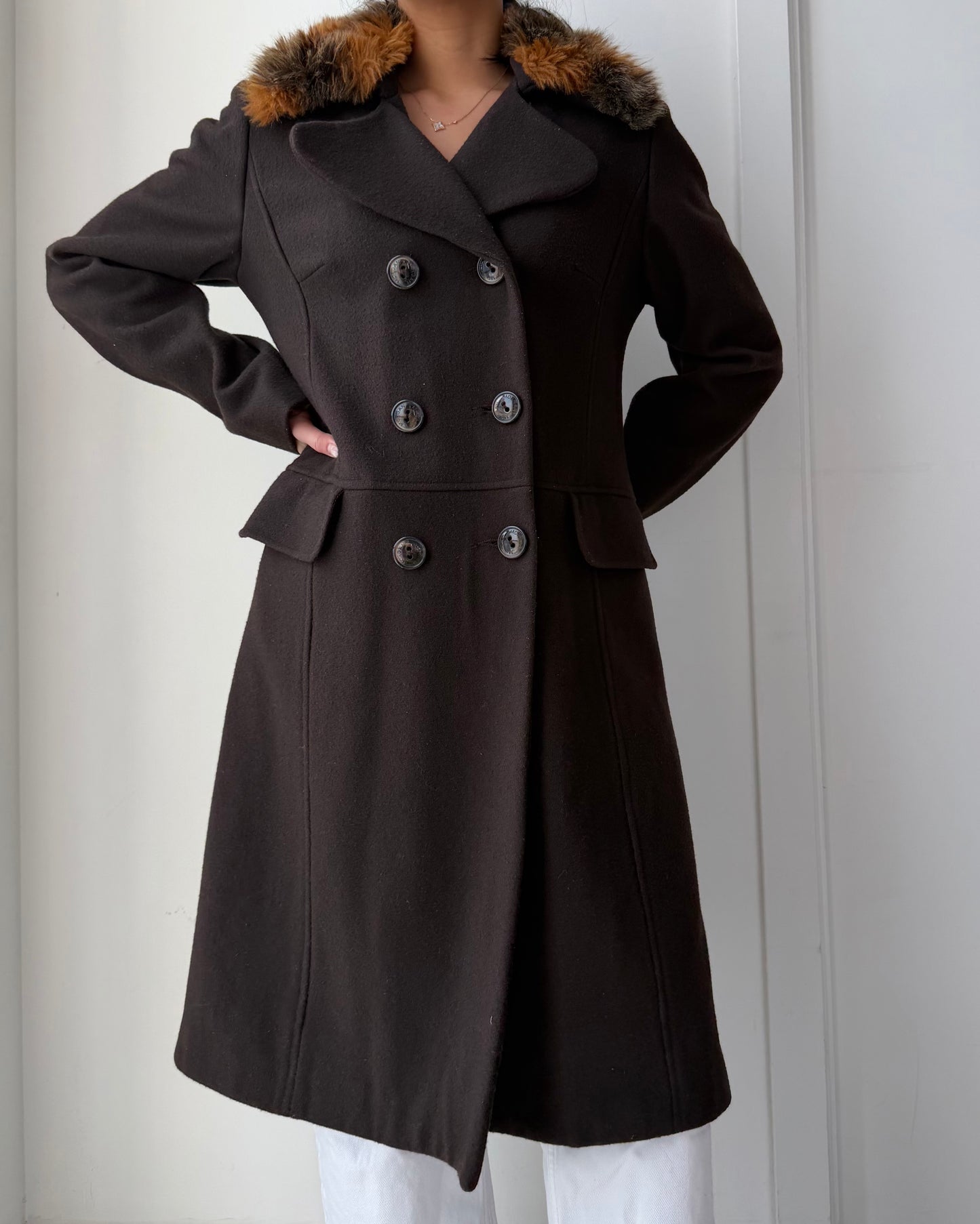 Morgan de Toi Brown Double Breasted Wool Coat with Faux Fur Trim - Medium