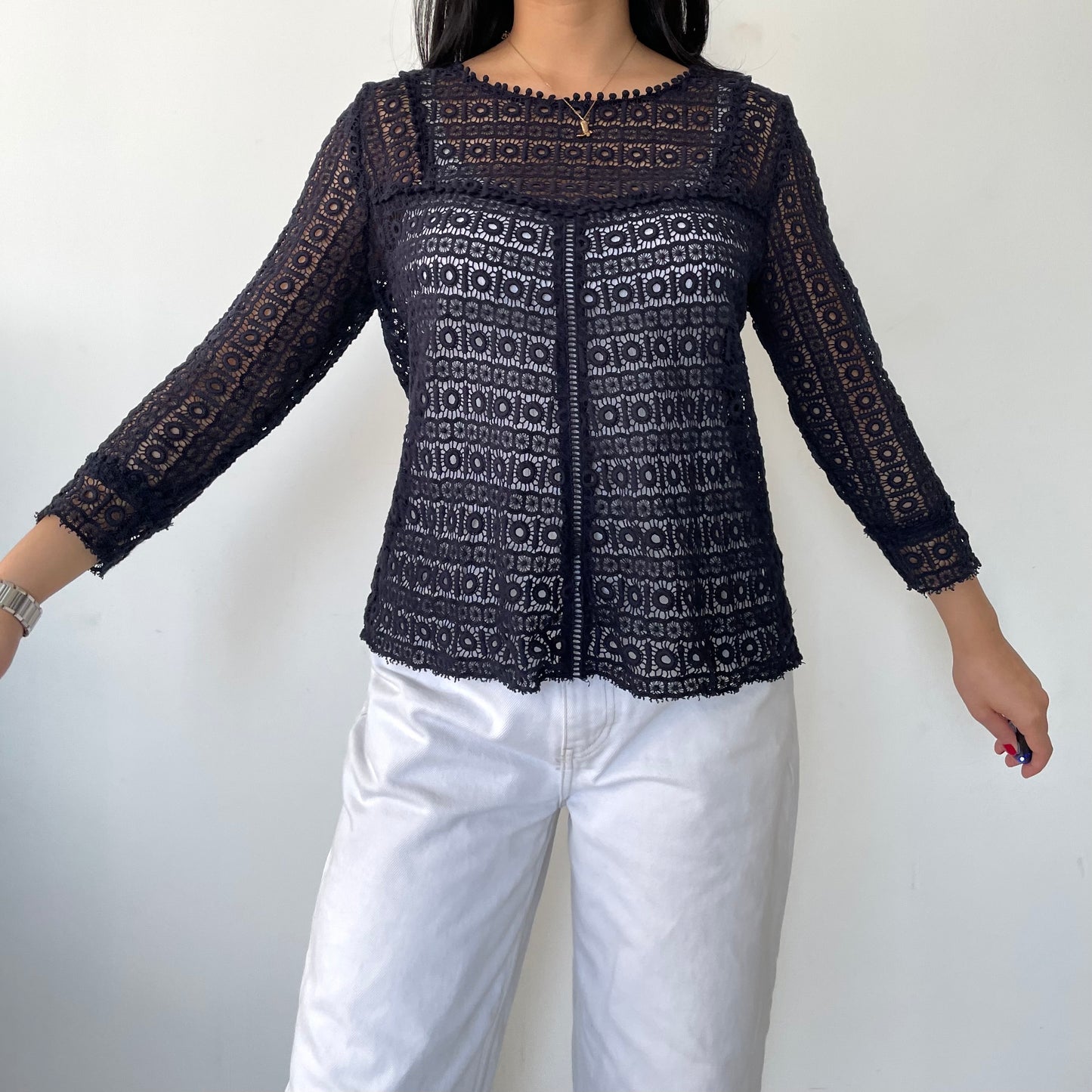 Sézane Navy 3/4 Sleeve Crochet Blouse - Medium