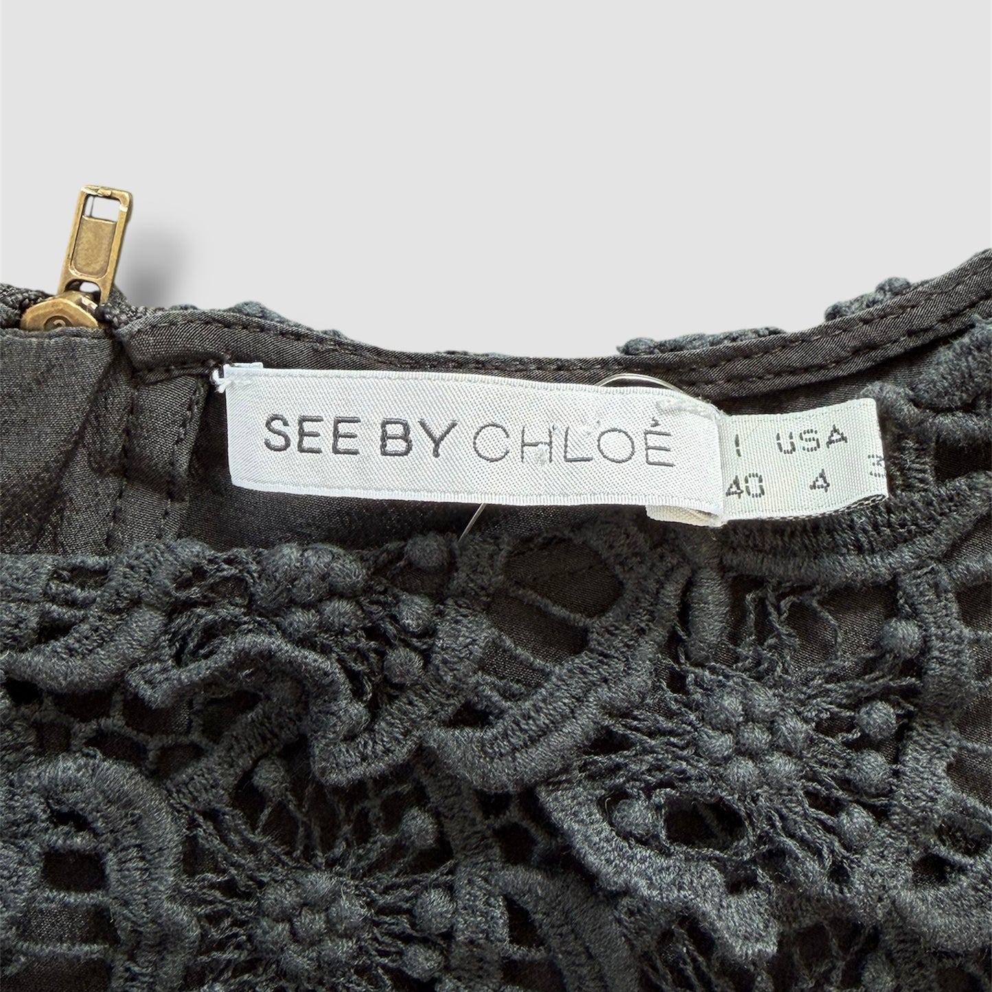 See by Chloé Black Guipure Lace Cap-Sleeve Top - X-Small