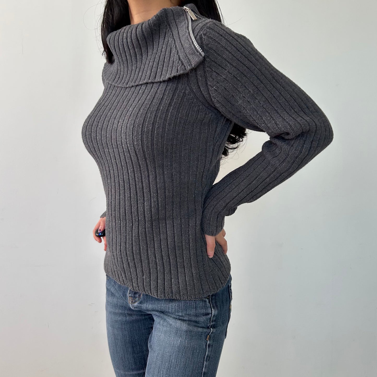 Jacob Grey Ribbed Chunky Knit Turtleneck Jumper - Medium