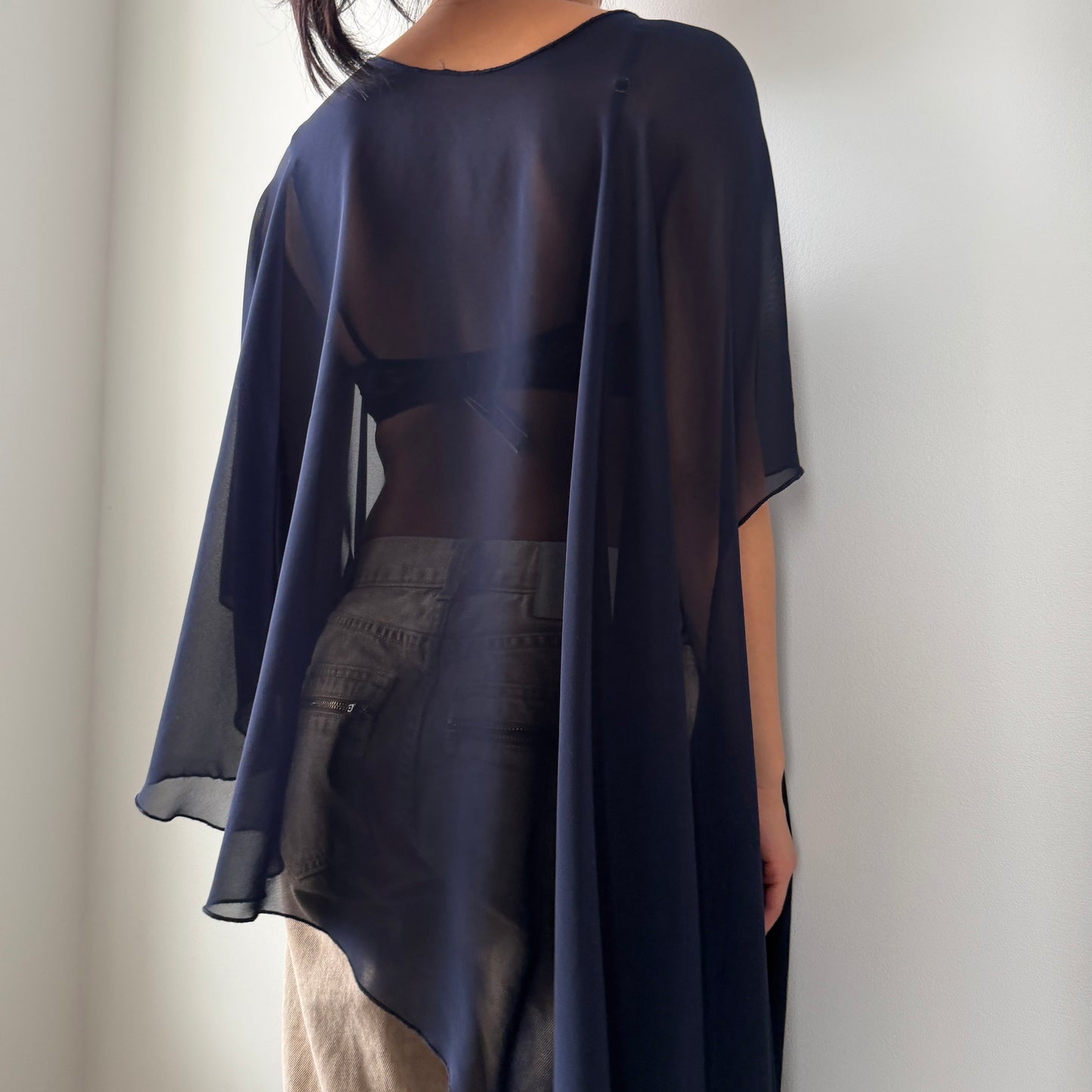 Elie Tahari Navy Sheer Asymmetric Chiffon Poncho