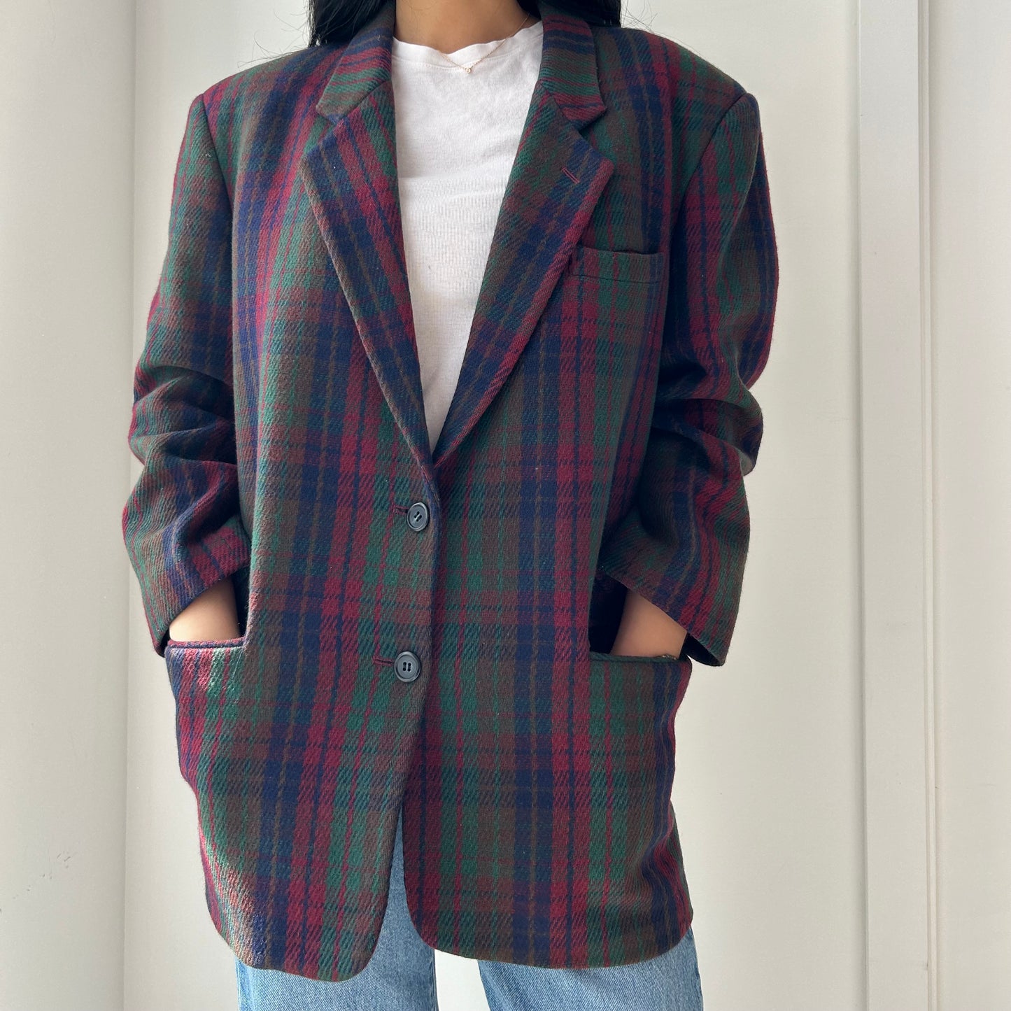 1980s Michel René Green Plaid Wool Blazer - Large