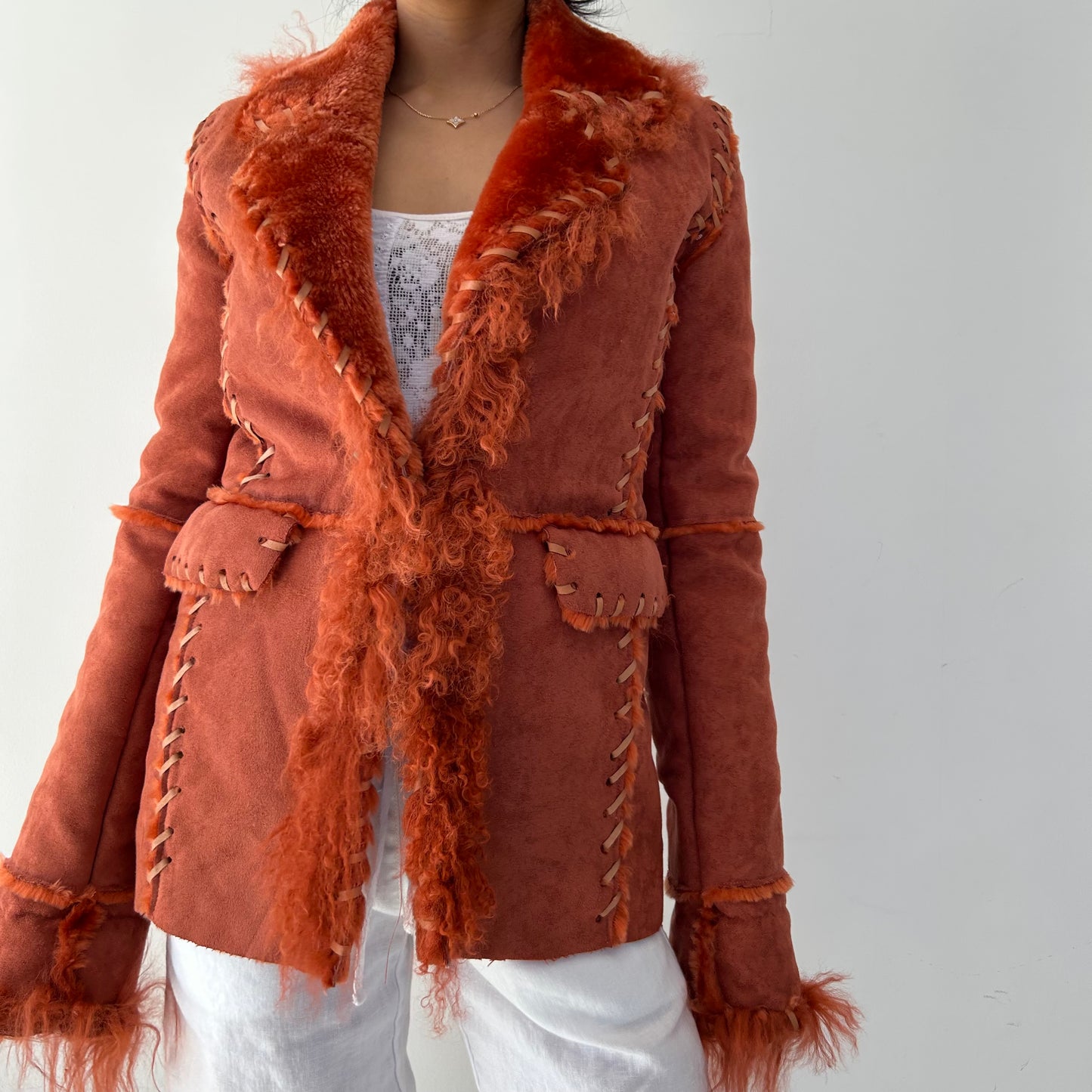 Rust Faux-Shearling Jacket with Mongolian Fur Trim - X-Small/Small