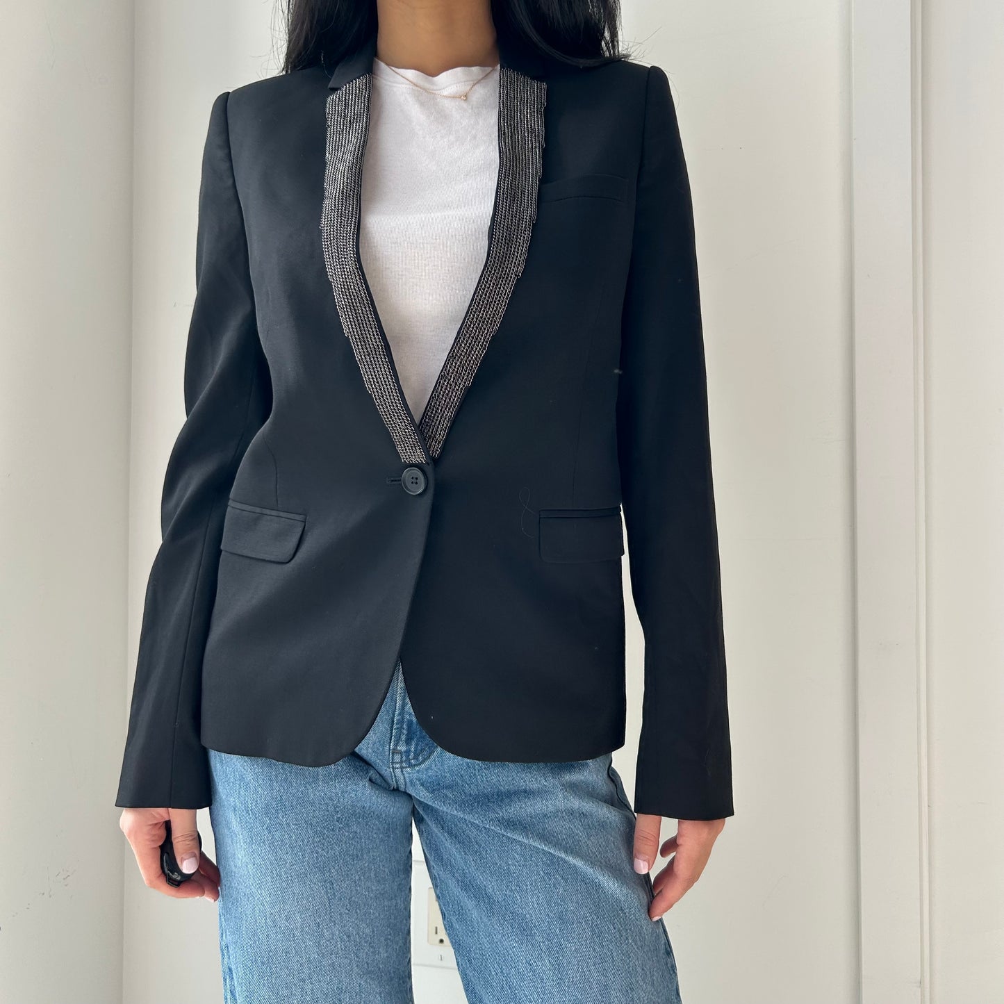 The Kooples Black Chainmail Embellished Wool Lapel Blazer - X-Small