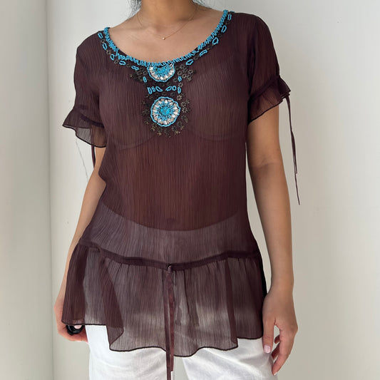 Brown Short Sleeve Sheer Embellished Top - Medium