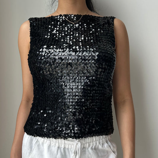 Vintage 90s Made in USA Scott McClintock Square Neck Black Sequin Tank - X-Small