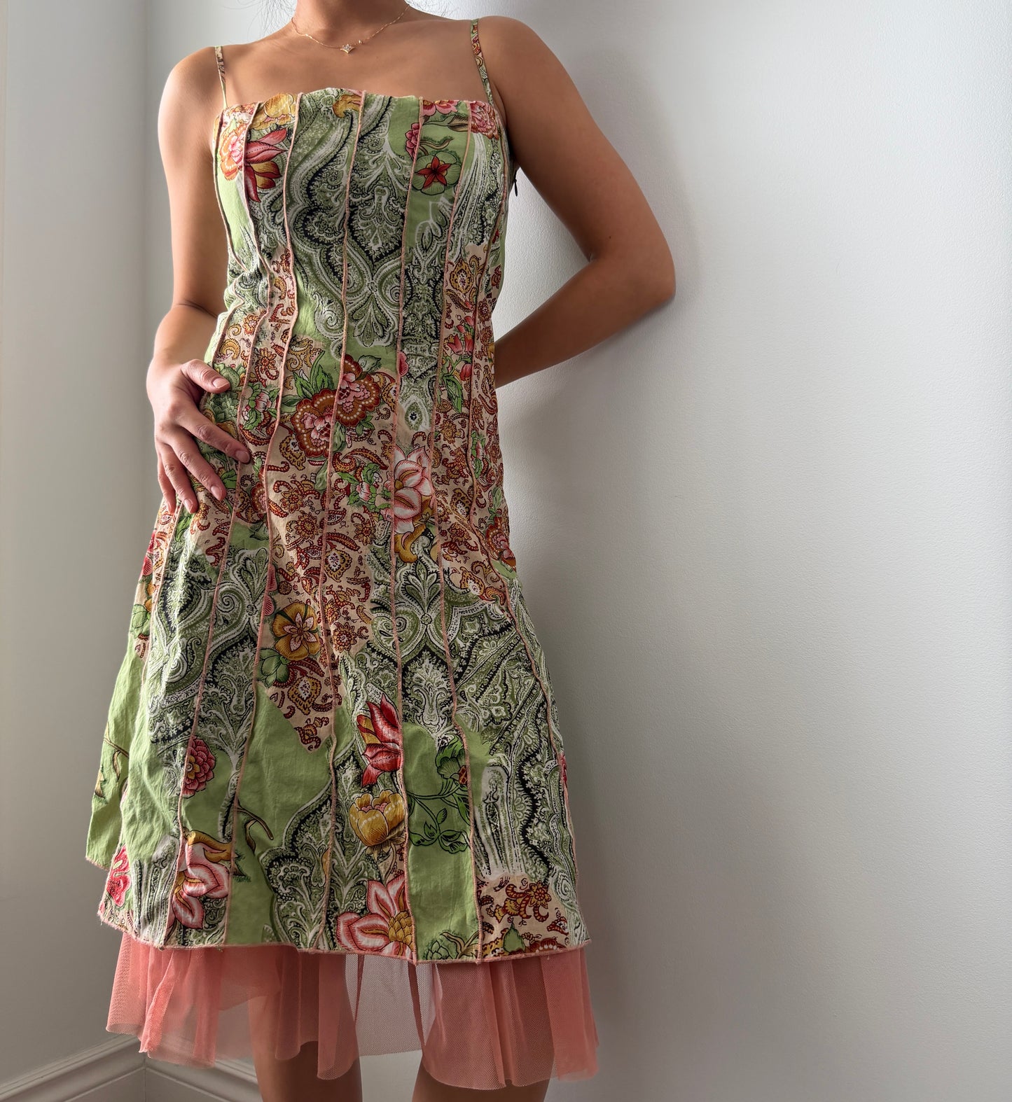 2000s French Label René Derhy Green Paisley Corset-Style Sundress - Small