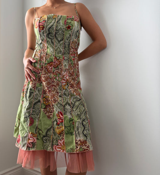 2000s French Label René Derhy Green Paisley Corset-Style Sundress - Small
