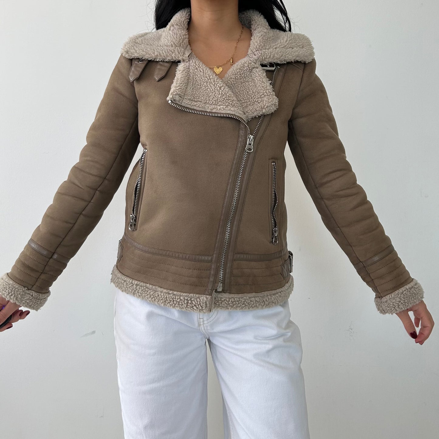 Zara Brown Double Face Faux Shearling Moto Jacket - X-Small