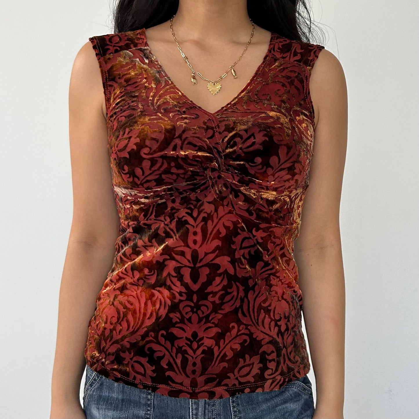 Vintage 90s Made in USA Burnt Orange Velvet Print Tank - Medium