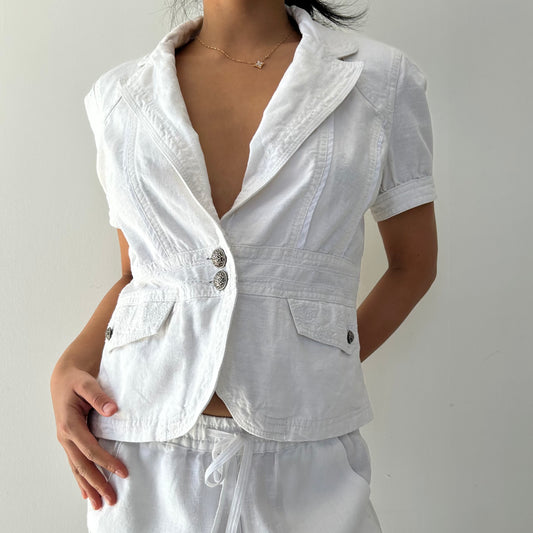 Point Zero by Nicole Benisti White Tailored Short-Sleeve Blazer - Medium
