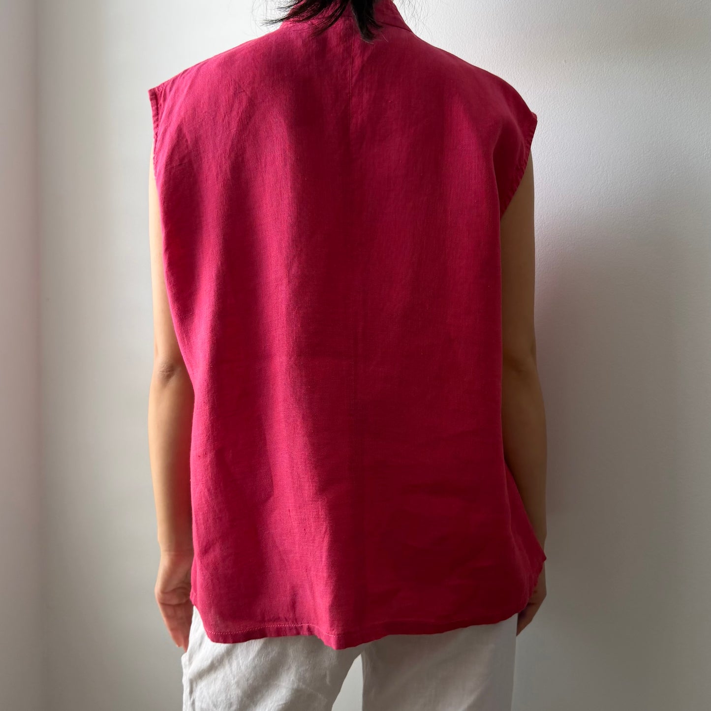 Spring Breeze Italian Hot Pink Mandarin Collar Linen Top - XX-Large