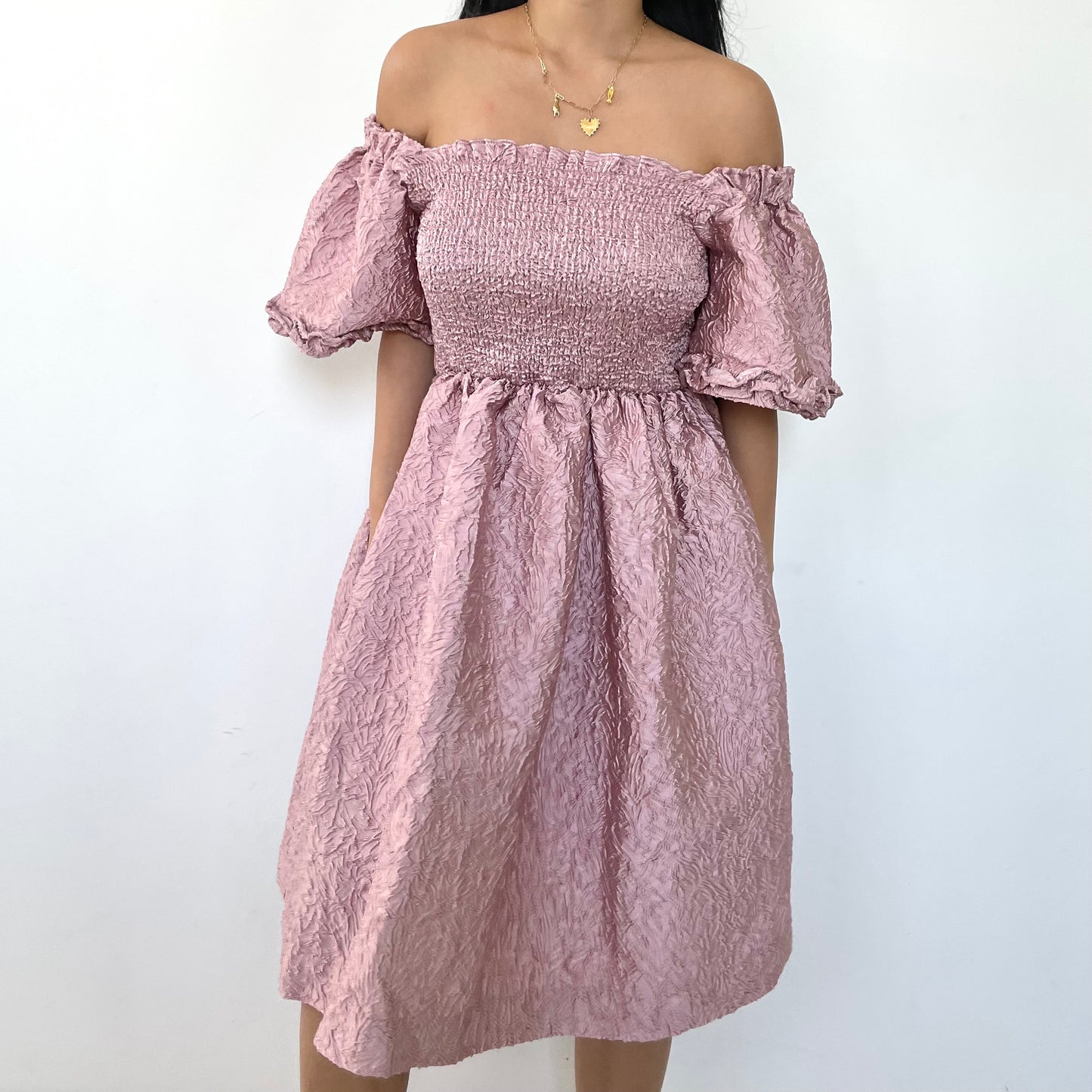 Sister Jane Pink Jacquard Puff Sleeve Mini Dress - X-Small