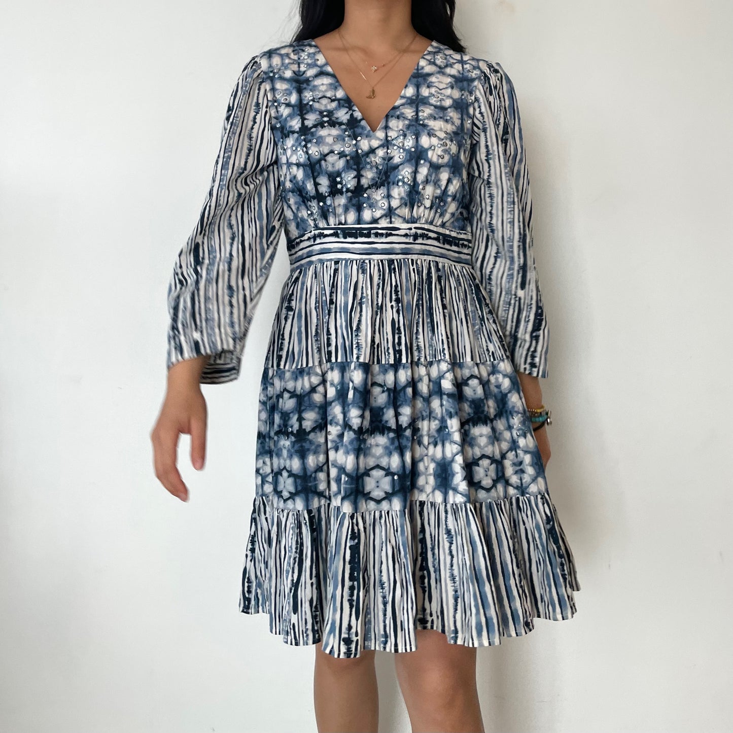 Anthropologie Not So Serious by Pallavi Mohan Blue and White Tie Dye Effect Long Sleeve Mini Dress - Small