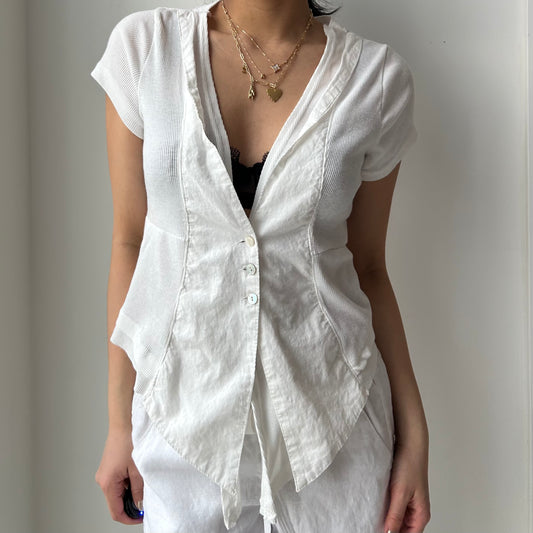 White V-Neck Cotton Blouse - Small