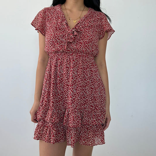 Red Floral Short Sleeve Ruffle Dress - X-Small