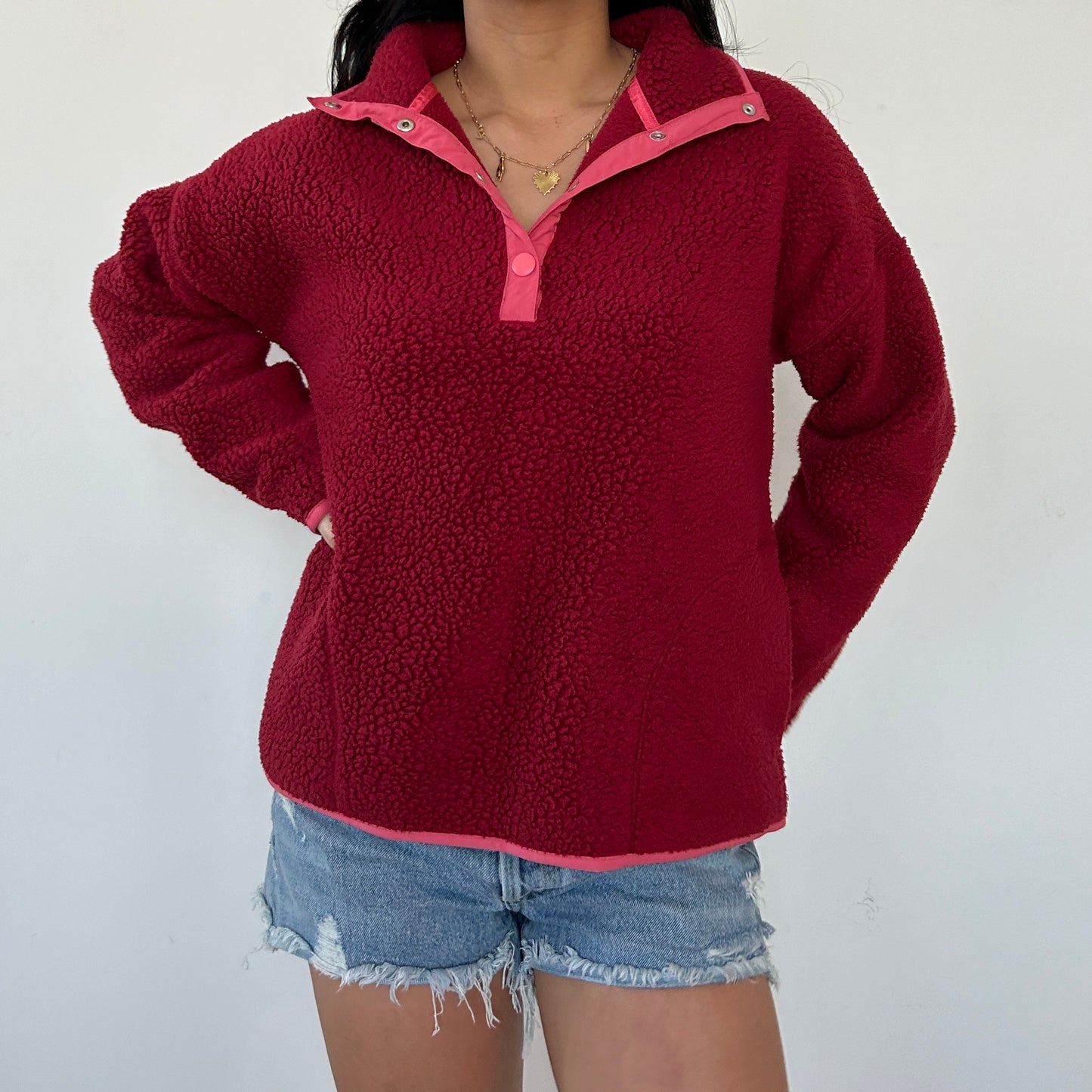 J. Crew Raspberry Red Sherpa Fleece Half-Snap Pullover - Small