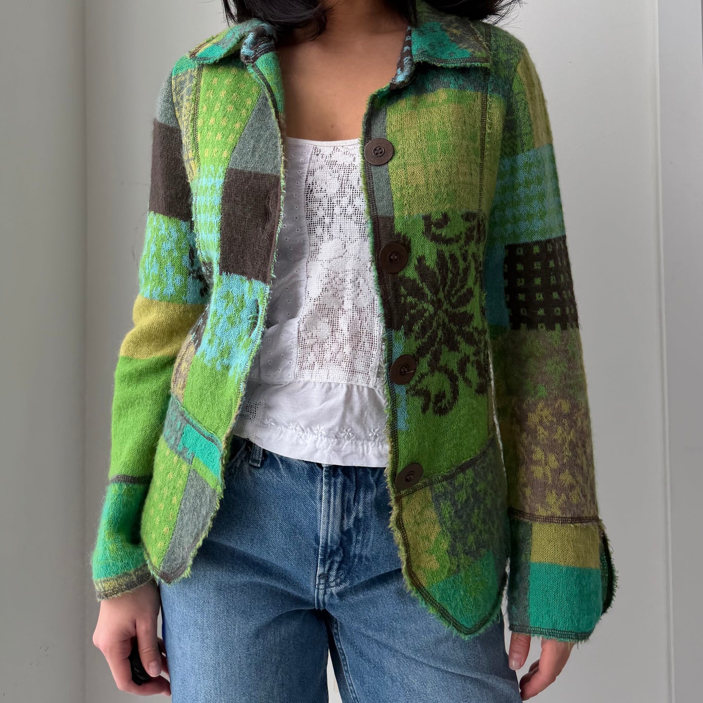 Aldo Martin’s Green Patchwork Knit Mohair Cardigan - Small
