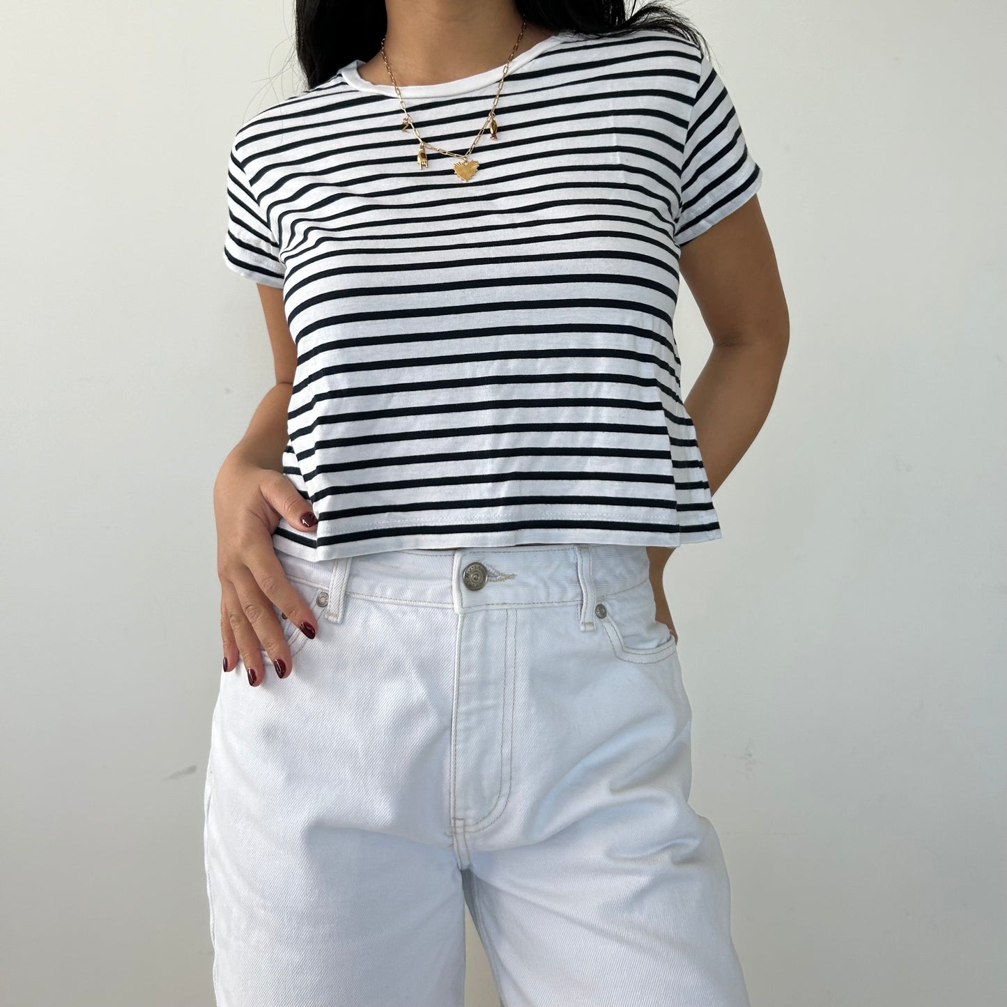 Navy and White Striped Cropped Tee - X-Small