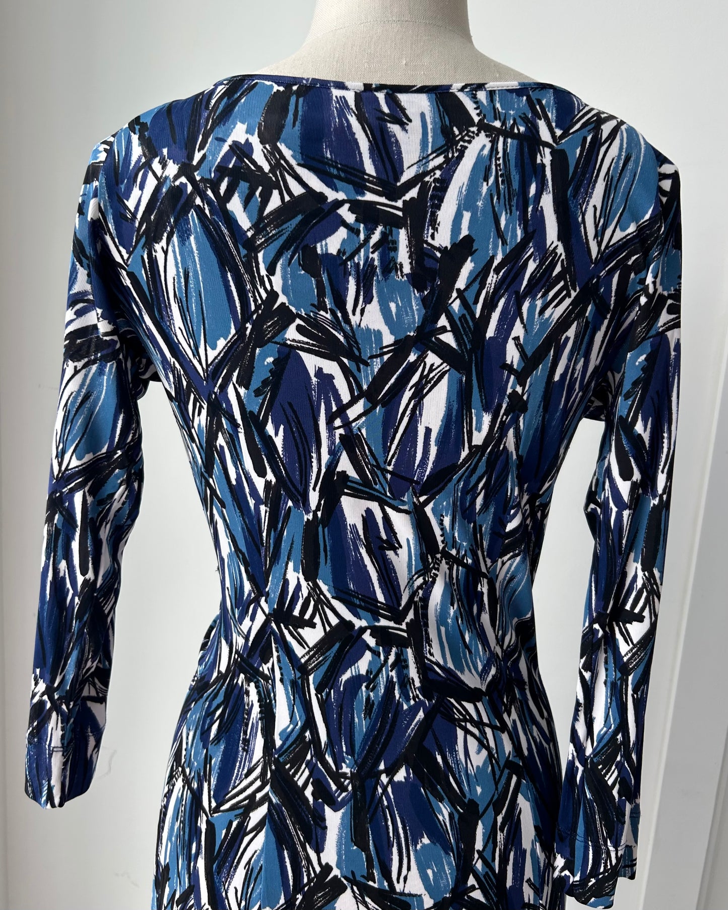 Early 2000s Miss Sixty Diamond Blue Abstract Print V-Neck Dress - Small