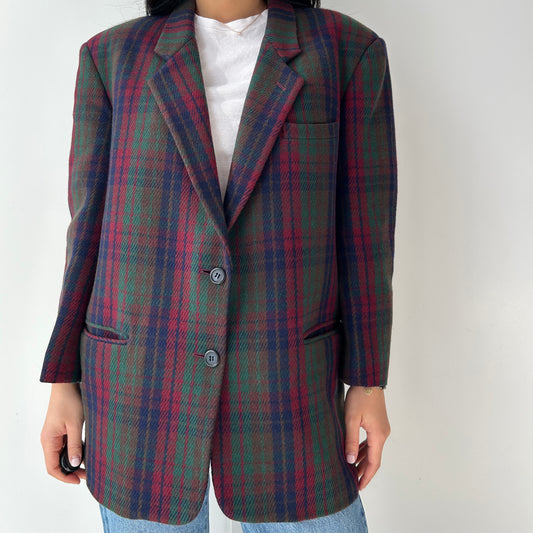 1980s Michel René Green Plaid Wool Blazer - Large