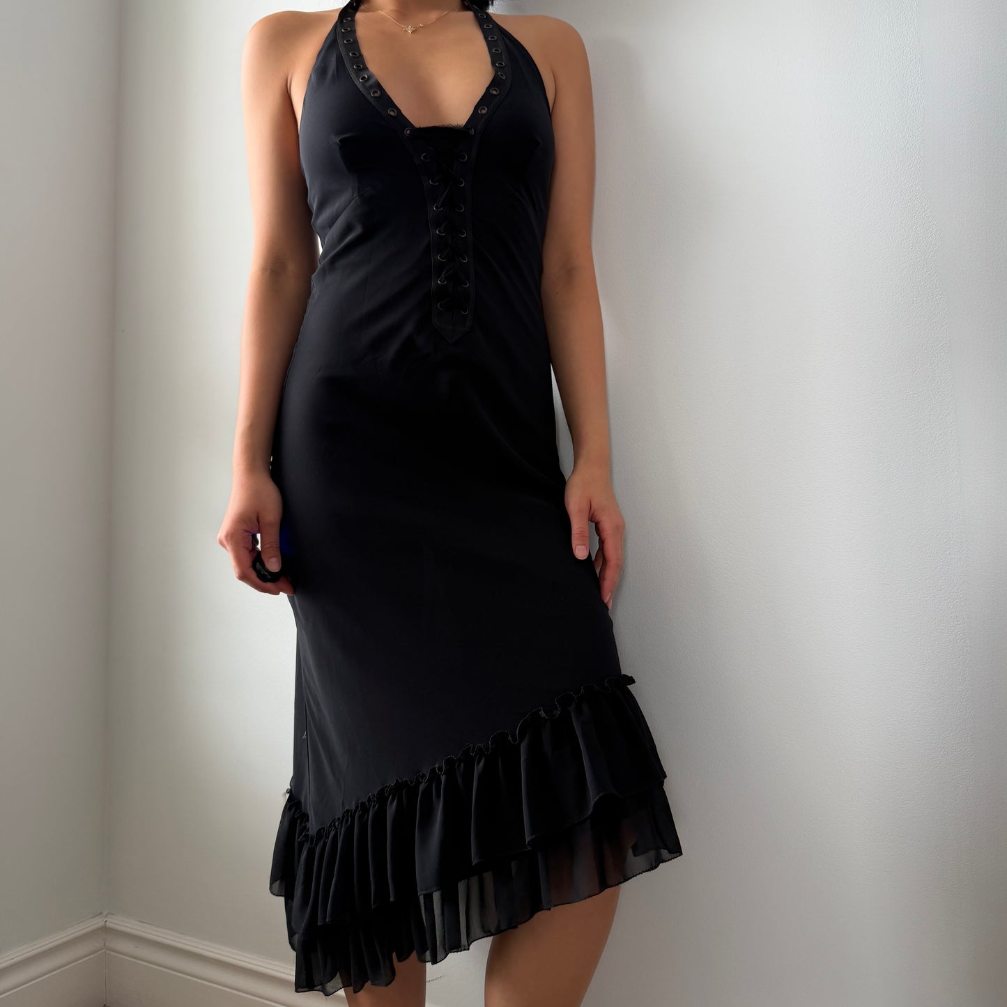 Old Label Mango Black Halter Midi Dress with Ruffled Hem - XX-Small