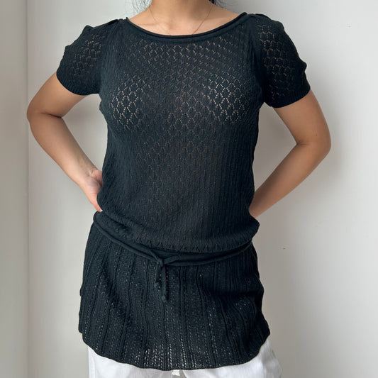 Black Pointelle Knit Tunic Top - Medium