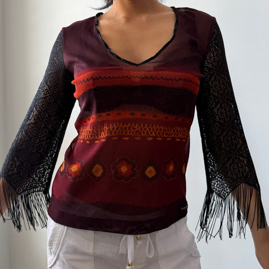 Parasuco Burgundy and Black Fringe Sleeve Mesh Top - Medium