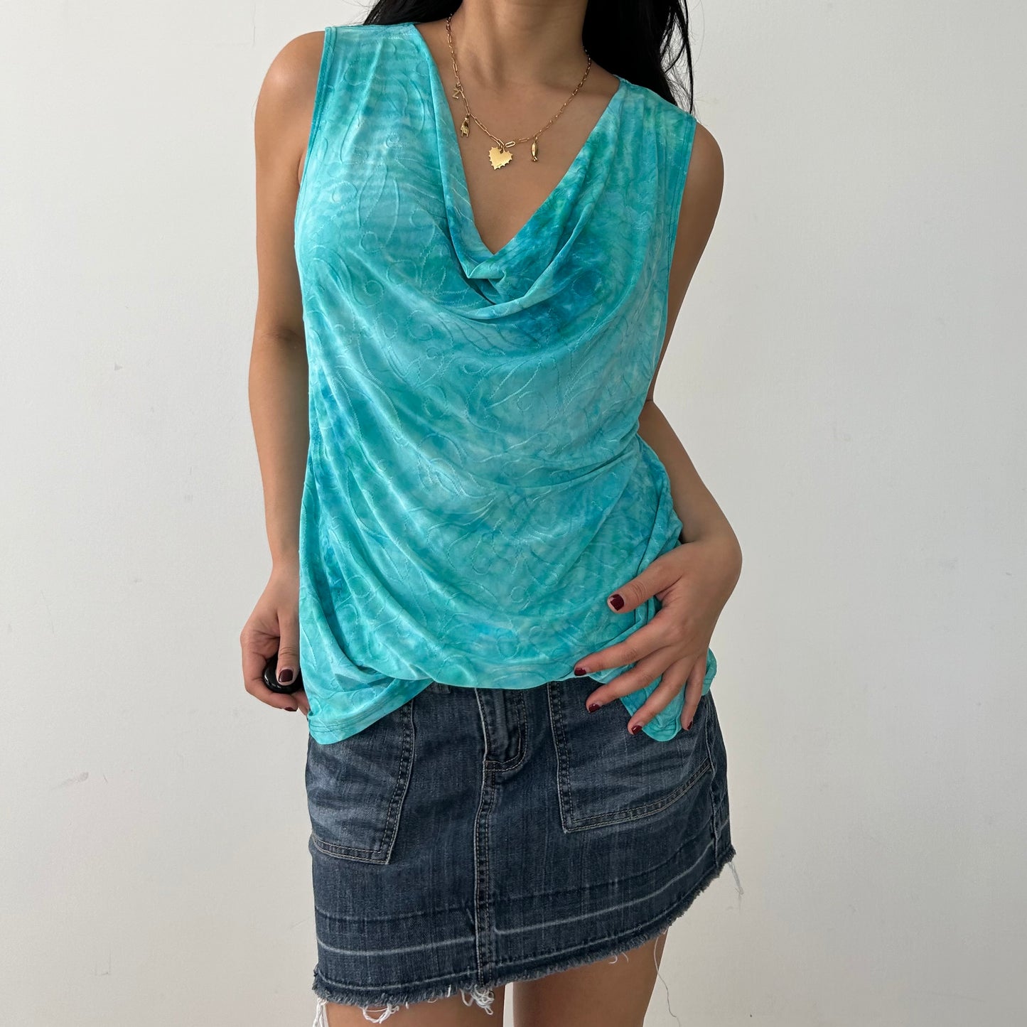 Vintage 90s Made in USA Turquoise Tie Dye Cowl Neck Tank - Large