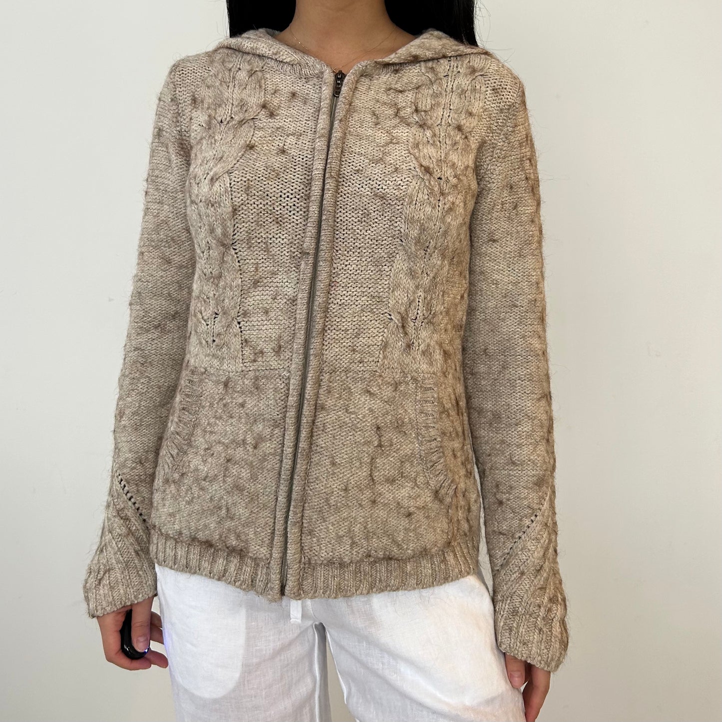 BCBGMAXAZRIA Alpaca Blend Beige Cable-Knit Hooded Cardigan - Small