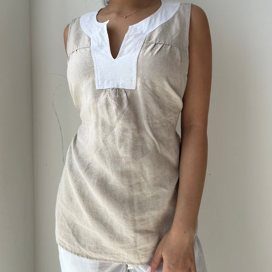 Beige Linen Sleeveless Top - Medium