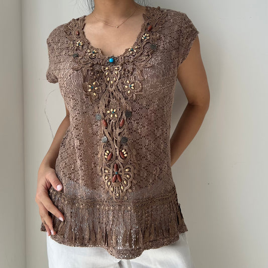 Brown Short Sleeve Crochet Knit Top - Medium