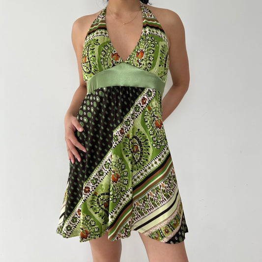 Vintage 90s Made in USA Green Halter Mini Dress - Medium
