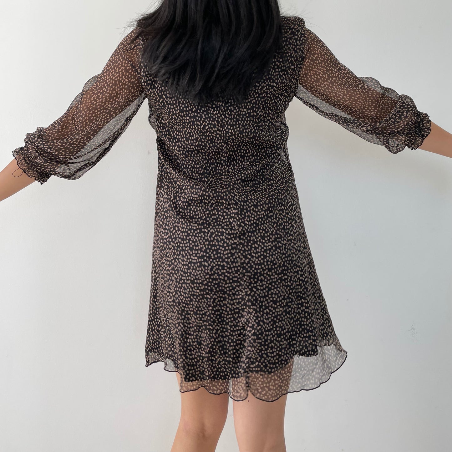 Zara Brown Polka Dot Long 3/4 Sleeve Babydoll Dress - Small