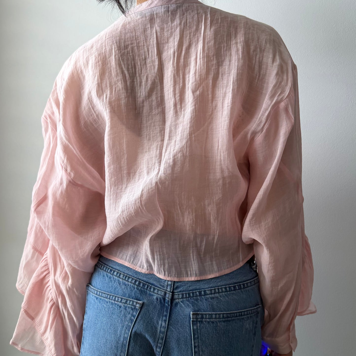 Zara Blush Pink Cropped Long Sleeve Ruffle Blouse - Small