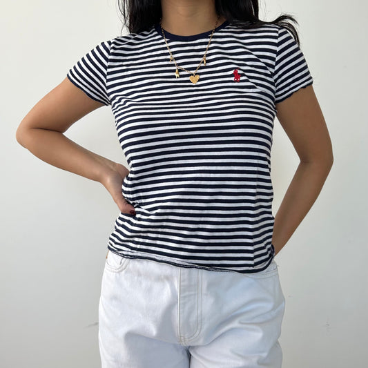 Polo Ralph Lauren Navy and White Striped Short Sleeve Tee - X-Small