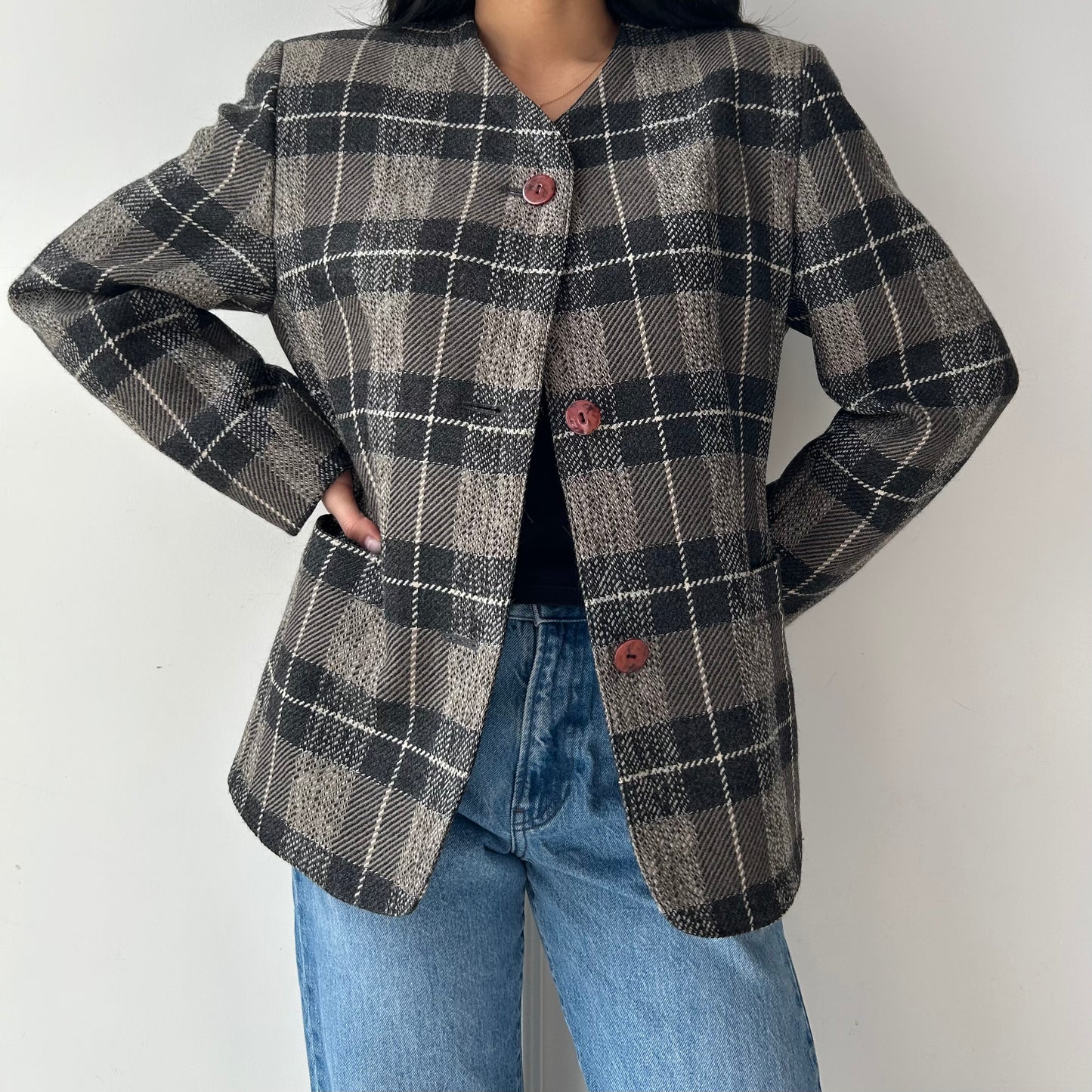 1990s Brown Plaid Pure Virgin Wool Blazer - Medium