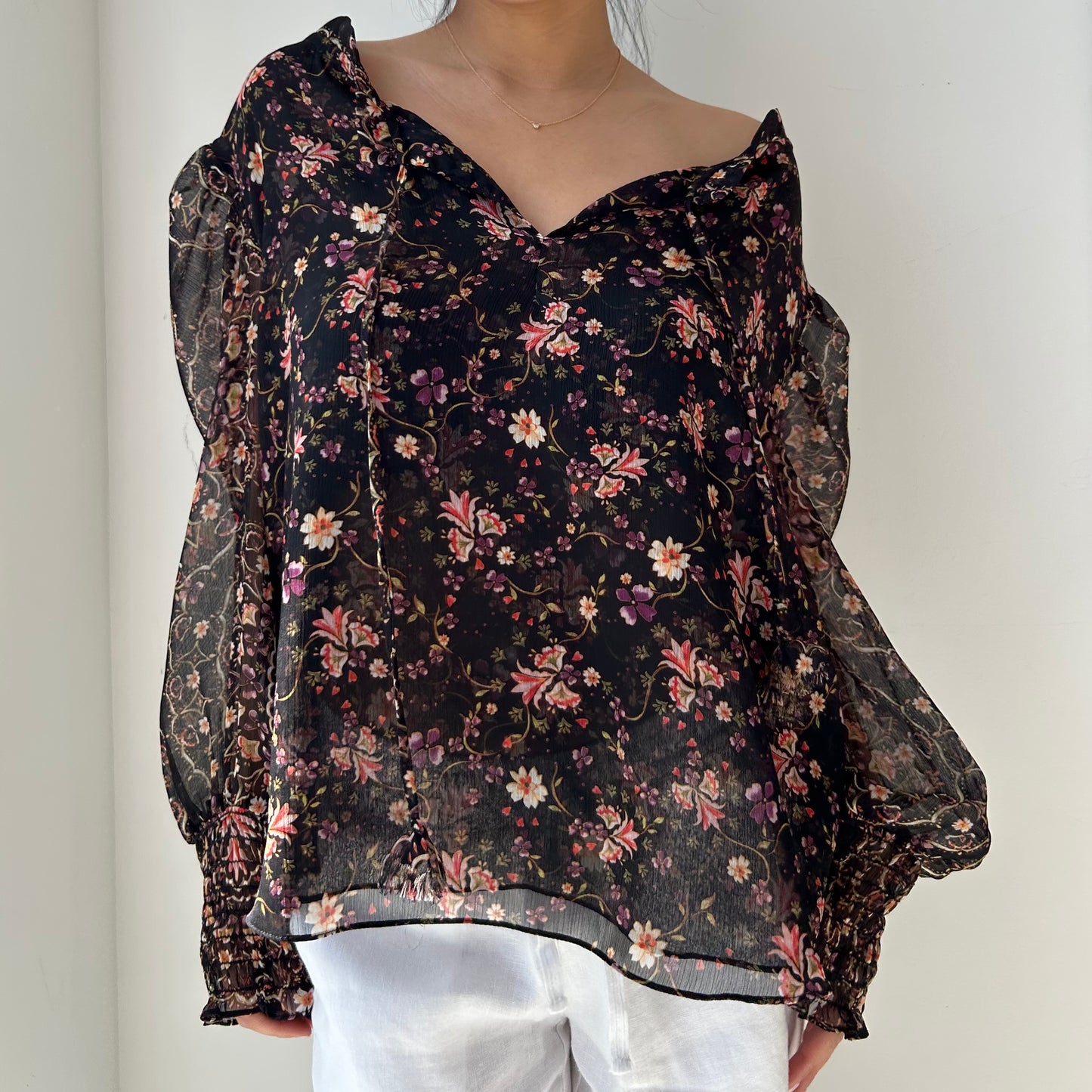 Misa Los Angeles Black Floral Long Sleeve Blouse - X-Large