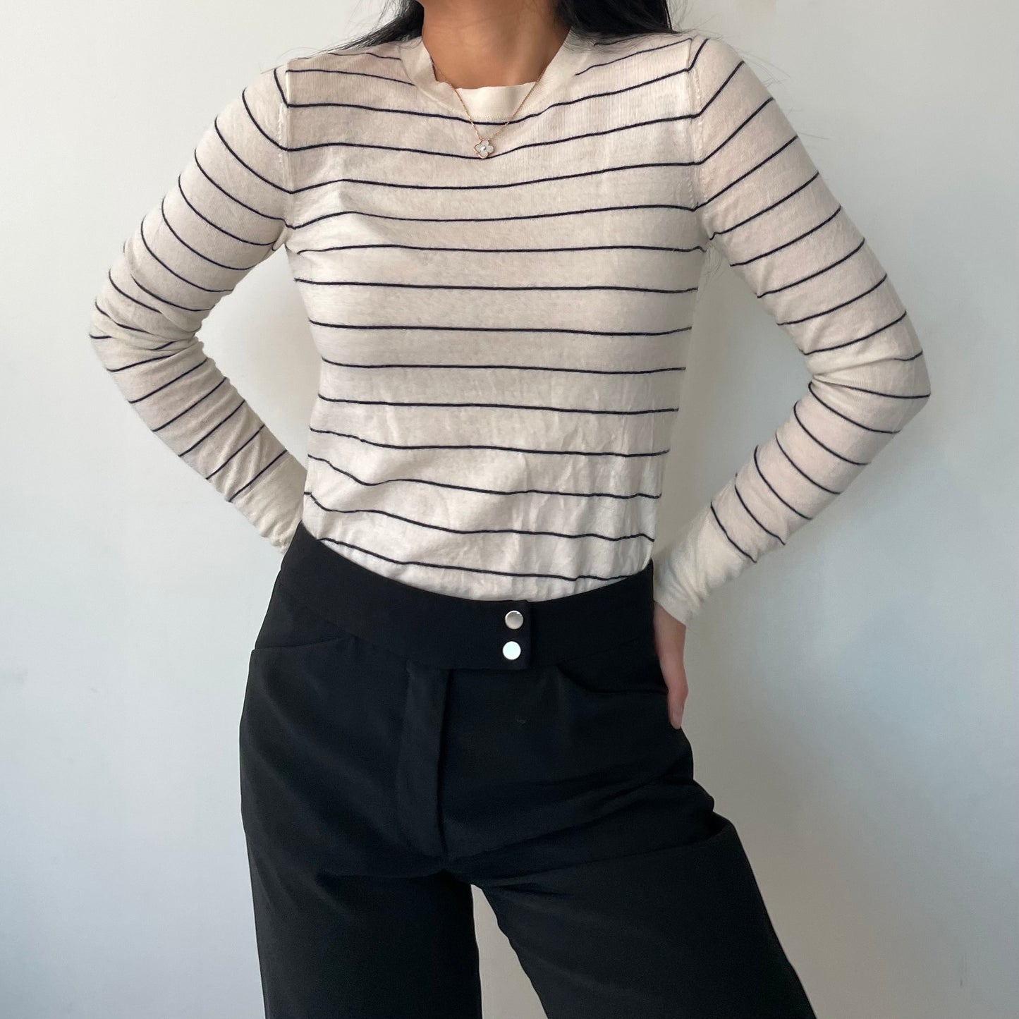 Club Monaco Black and White Striped Crewneck Wool Knit - Small