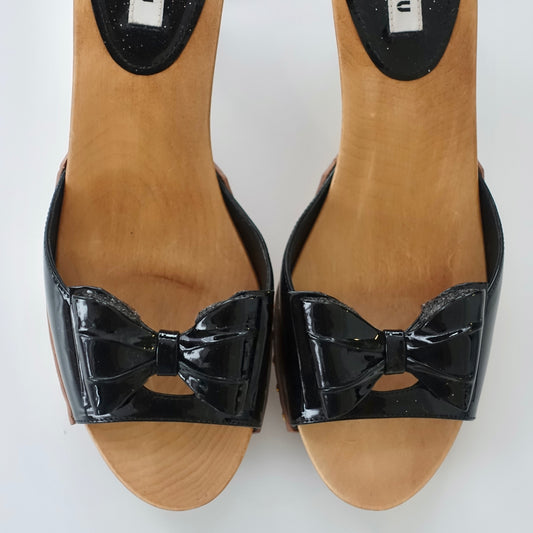 Miu Miu Black Patent Bow Wooden Kitten Heel Mules - EU 38