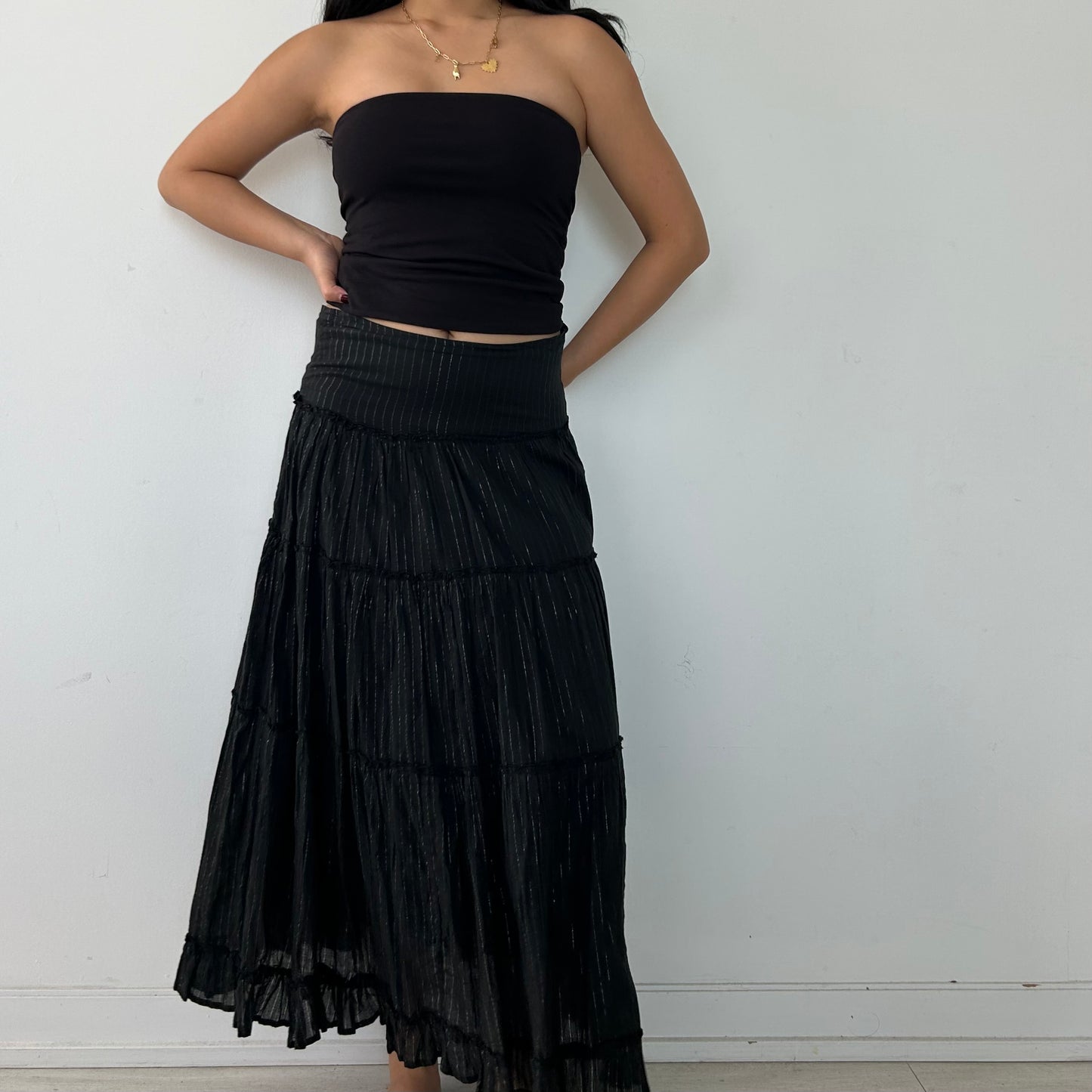 Black and Silver Pinstripe Tiered Maxi Skirt - Medium