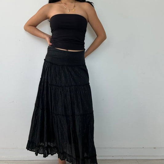 Black and Silver Pinstripe Tiered Maxi Skirt - Medium