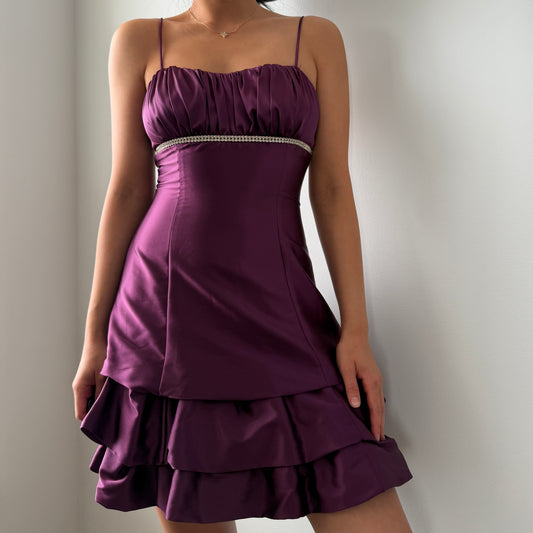 90s Made in USA Fiesta Purple Satin Tiered Ruffle Mini Dress - XX-Small