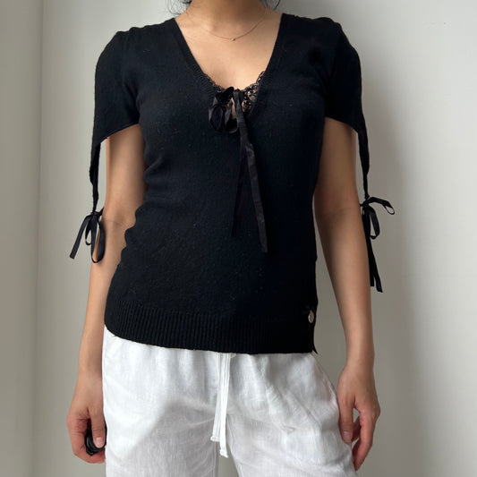 Axara Paris Black Wool and Cashmere Blend Short Sleeve Knit Top - Medium