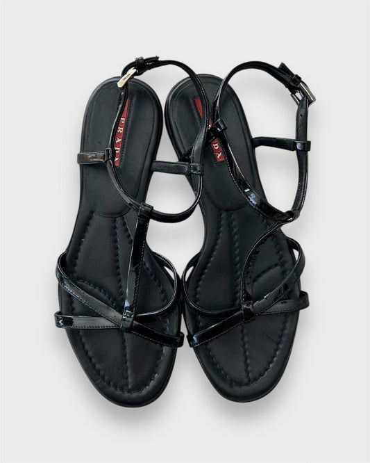 Prada Black Patent Leather Strappy Sandals - Size 38