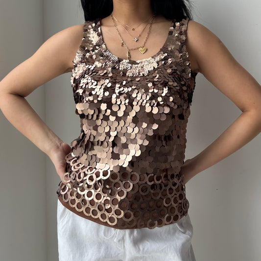 Brown Sequin Mesh Tank - Medium