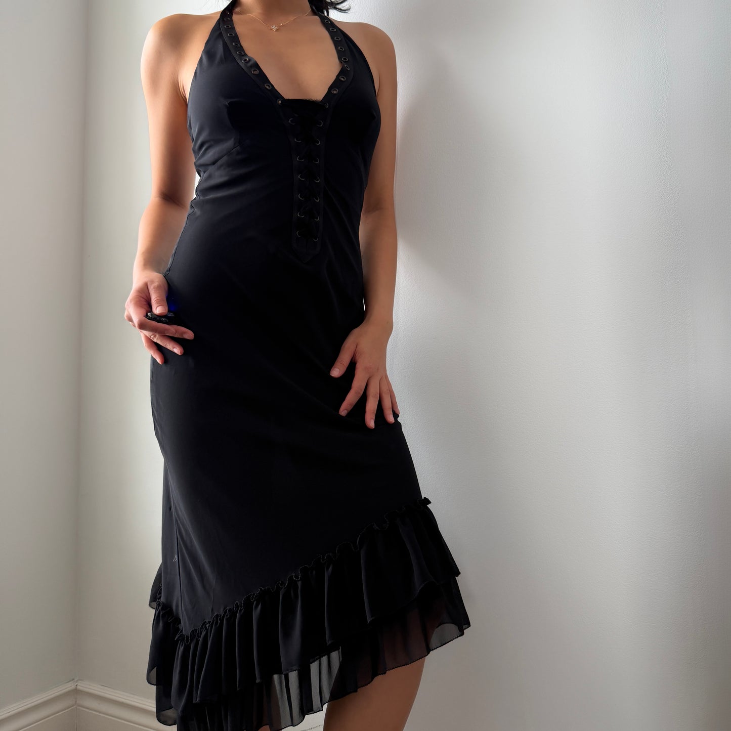 Old Label Mango Black Halter Midi Dress with Ruffled Hem - XX-Small